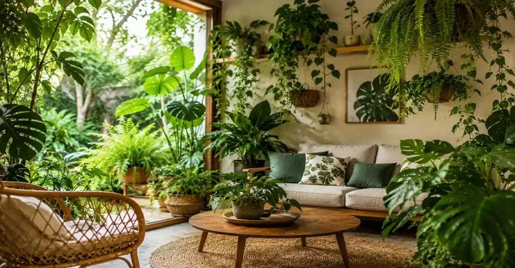 Sala aconchegante cheia de plantas verdes e iluminação natural criando um ambiente relaxante e sustentável.