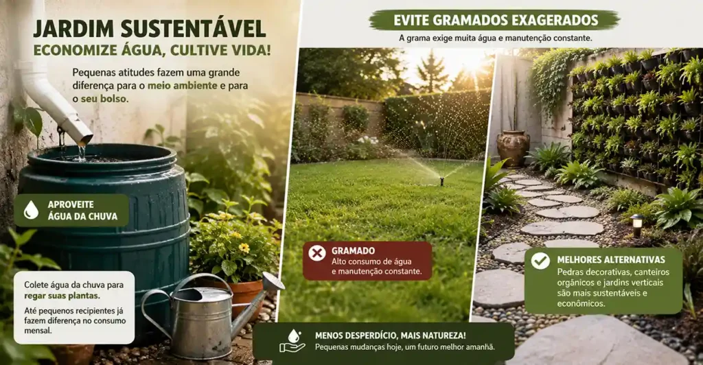 Sistema sustentável de reaproveitamento de água da chuva em jardim com gramado reduzido e jardim vertical.