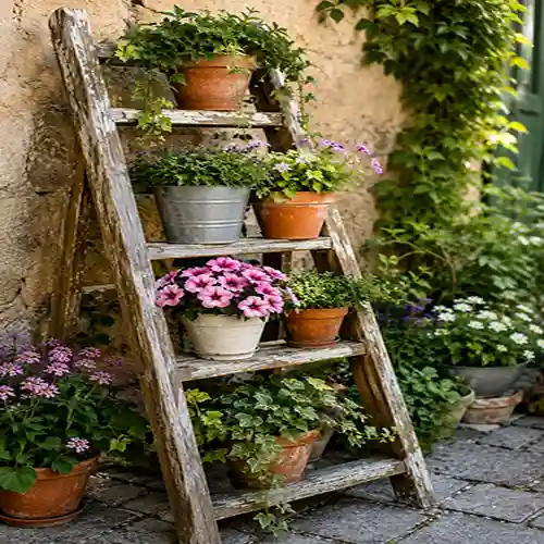Escada de madeira antiga usada como suporte para vasos de flores e plantas em um jardim rústico ao ar livre