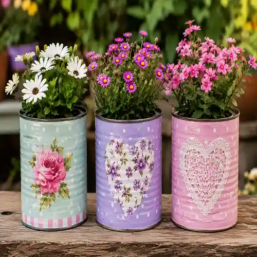 Latas recicladas decoradas servindo como vasos para pequenas flores coloridas em jardim sustentável.