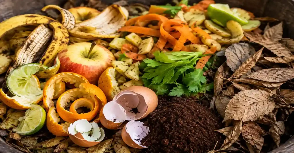 Restos de frutas, cascas de legumes, folhas secas e borra de café organizados para compostagem sustentável.