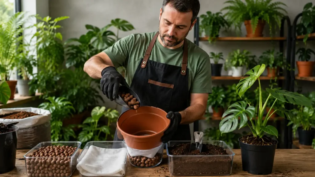 Montagem correta da drenagem em vaso de planta com argila expandida e manta bidim.