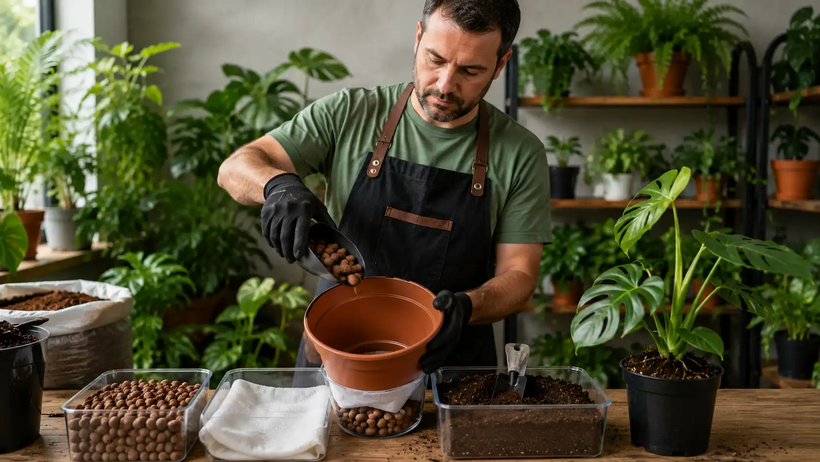 Montagem correta da drenagem em vaso de planta com argila expandida e manta bidim.