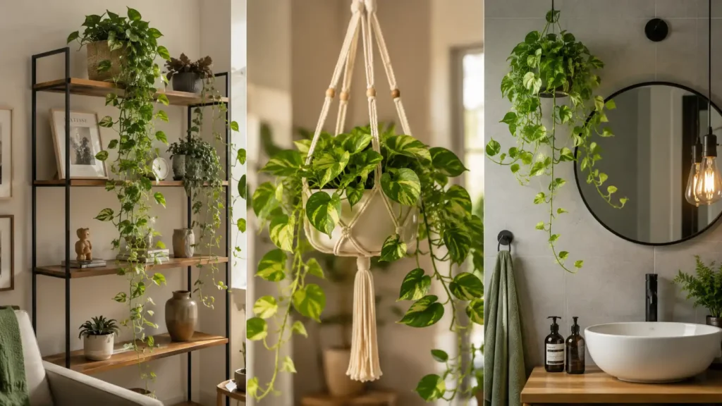 Ambiente interno moderno e acolhedor decorado com plantas jiboia exuberantes. À esquerda, uma estante de madeira e metal exibe uma jiboia com longos ramos pendentes, criando um elegante efeito de cascata verde. No centro, um vaso suspenso em suporte de macramê destaca folhas verdes brilhantes com variações amarelas, iluminadas pela luz natural suave que entra pela janela. À direita, um banheiro contemporâneo ganha charme e sofisticação com uma jiboia suspensa próxima ao espelho redondo, trazendo frescor e sensação de contato com a natureza. Fotografia realista, ultra detalhada, com atmosfera aconchegante e decoração inspirada em projetos modernos de interiores.