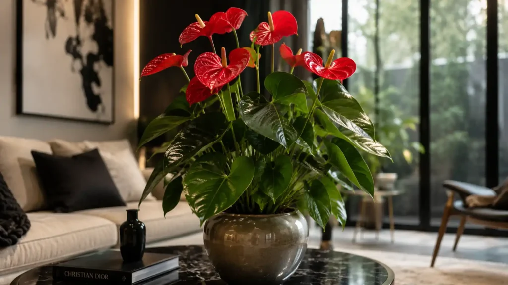 Antúrio vermelho saudável cultivado em vaso decorativo dentro de casa.