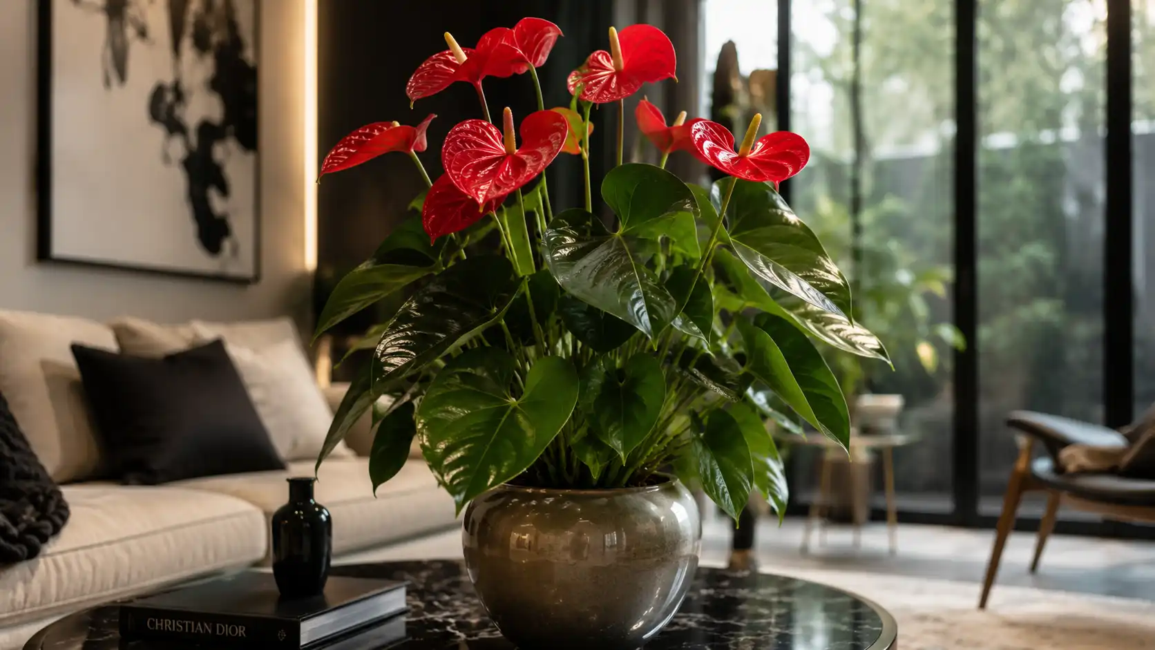 Antúrio vermelho saudável cultivado em vaso decorativo dentro de casa.