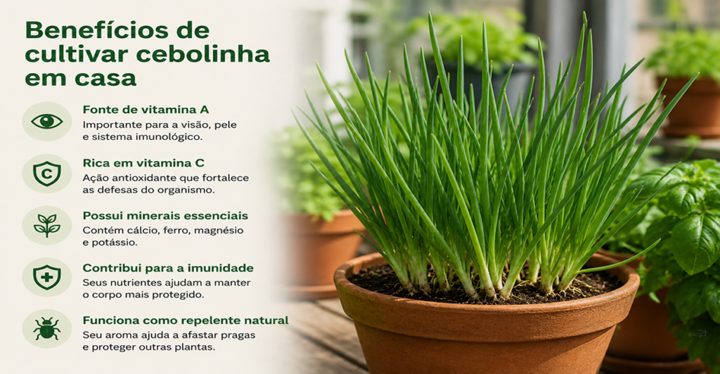 Cebolinha verde cultivada em vaso doméstico, com folhas longas e saudáveis, cercada por outras plantas em ambiente sustentável, iluminado por luz natural suave, representando os benefícios nutricionais e culinários do cultivo caseiro.