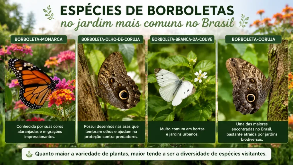 Painel visual realista apresentando as principais espécies de borboletas encontradas em jardins brasileiros. A composição exibe uma vibrante borboleta-monarca de asas alaranjadas pousada sobre flores coloridas, uma borboleta-olho-de-coruja com os característicos desenhos que lembram olhos nas asas, uma delicada borboleta-branca-da-couve sobre folhagens verdes e uma imponente borboleta-coruja destacando seus padrões naturais de camuflagem. Ao fundo, um jardim florido repleto de zínias, lantanas e outras plantas atrativas para polinizadores, com iluminação suave e ambiente natural. Fotografia profissional, ultra detalhada, estilo editorial de paisagismo, formato horizontal 16:9, ideal para conteúdos sobre biodiversidade, jardinagem e atração de borboletas em jardins residenciais, otimizado para Google Discover.