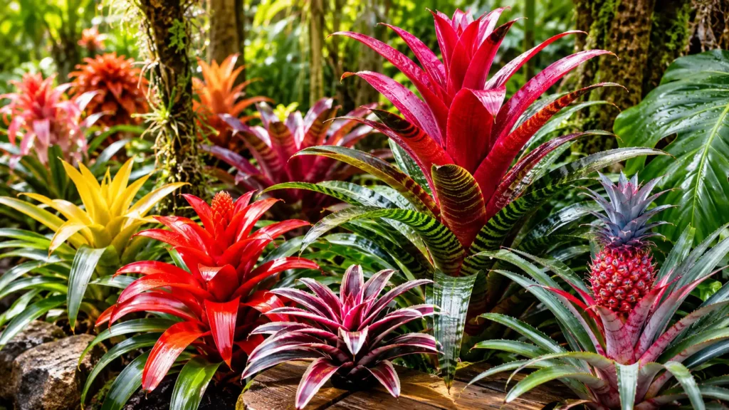 Bromélias coloridas cultivadas em jardim tropical com destaque para bromélia imperial.
