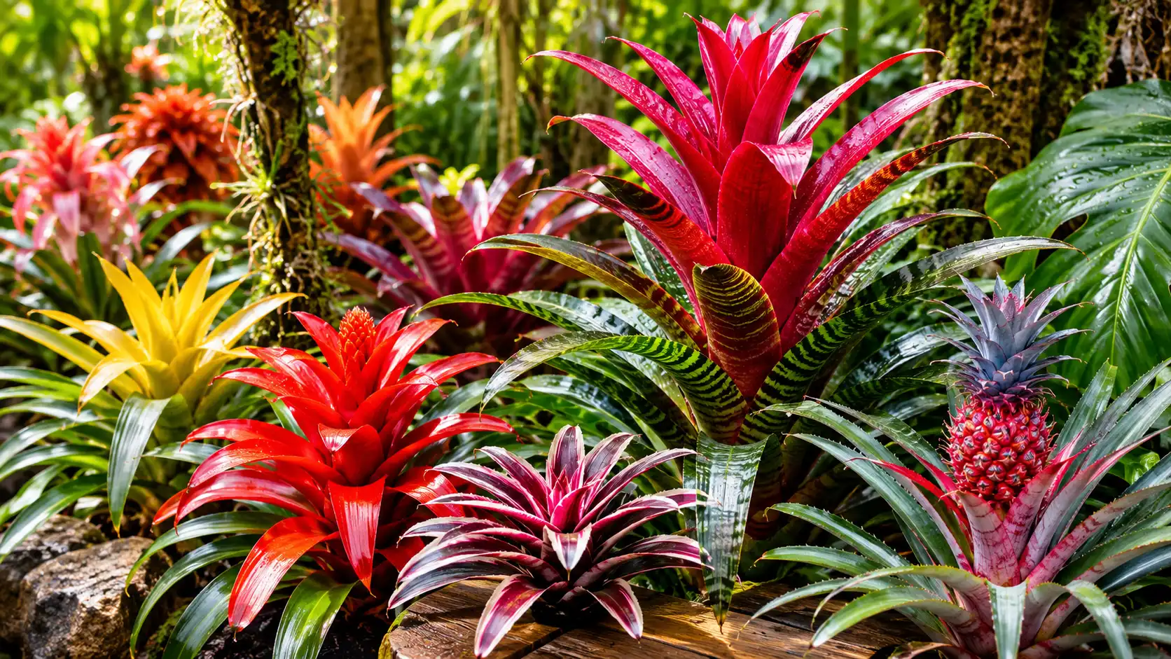 Bromélias coloridas cultivadas em jardim tropical com destaque para bromélia imperial.