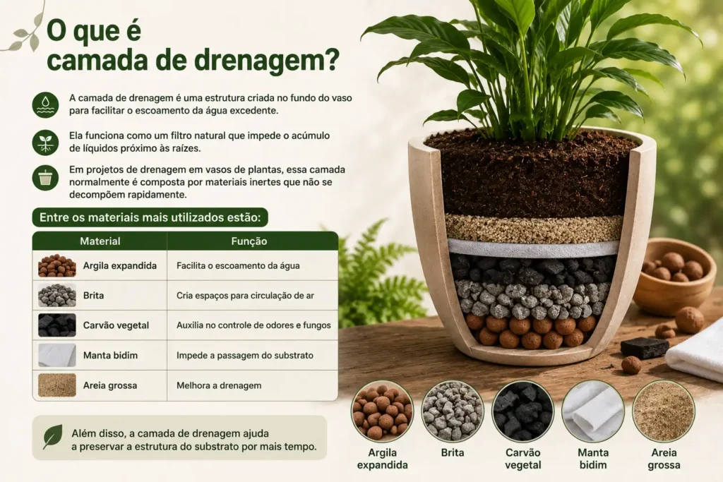 Corte transversal de um vaso de planta mostrando uma camada de drenagem composta por argila expandida, brita, carvão vegetal, manta bidim e areia grossa abaixo do substrato. A imagem ilustra como a drenagem facilita o escoamento da água, melhora a circulação de ar nas raízes e ajuda a preservar a estrutura do solo em vasos de plantas.
