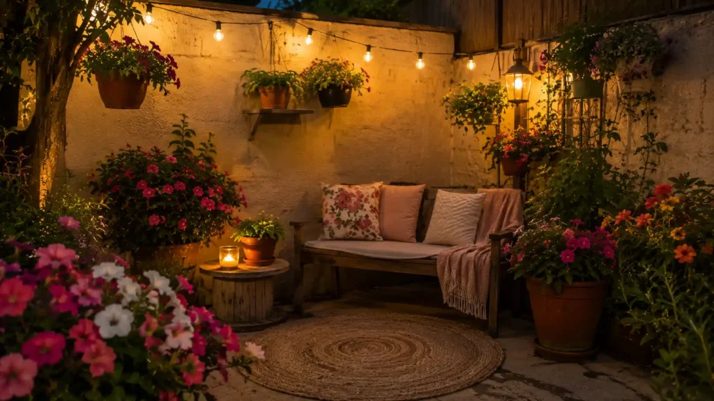 Cantinho aconchegante em jardim residencial simples, com banco de madeira confortável, flores coloridas em vasos, iluminação suave de luzes decorativas e ambiente acolhedor para relaxamento ao ar livre durante o entardecer.