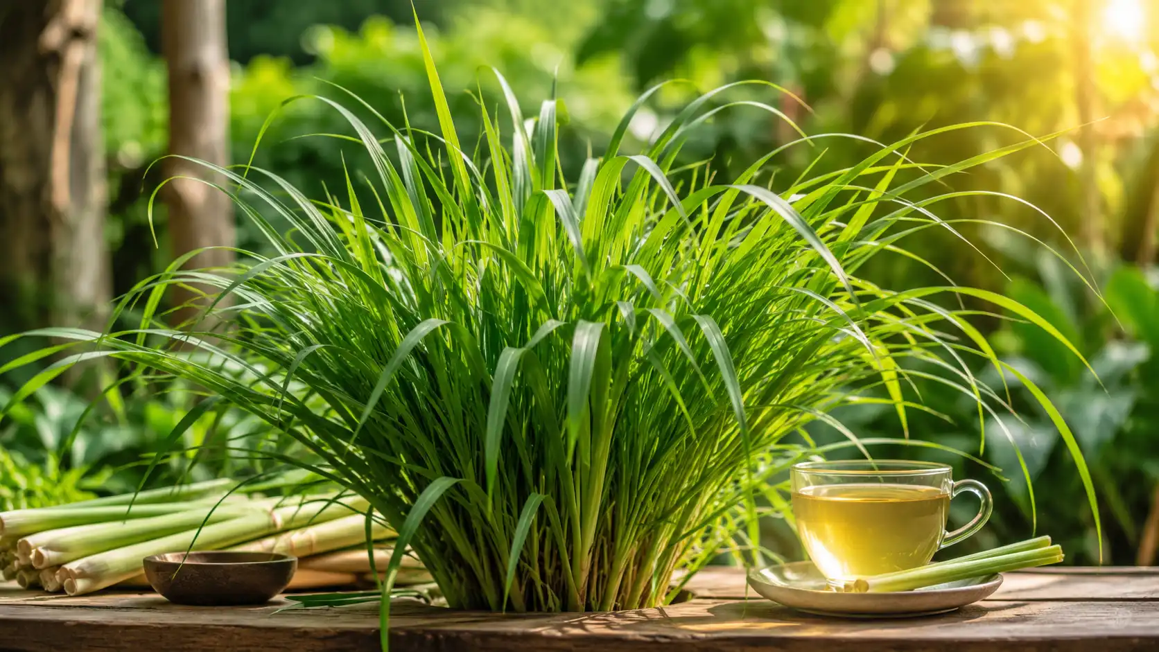 Touceira de capim-limão cultivada em jardim com folhas verdes aromáticas.