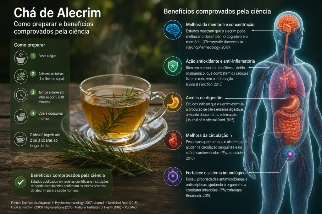 Infográfico sobre chá de alecrim mostrando uma xícara de chá quente com ramos de alecrim ao lado e uma ilustração de corpo humano transparente destacando cérebro, sistema digestivo, circulação sanguínea e sistema imunológico, representando os possíveis benefícios do alecrim para a saúde com base em estudos científicos.