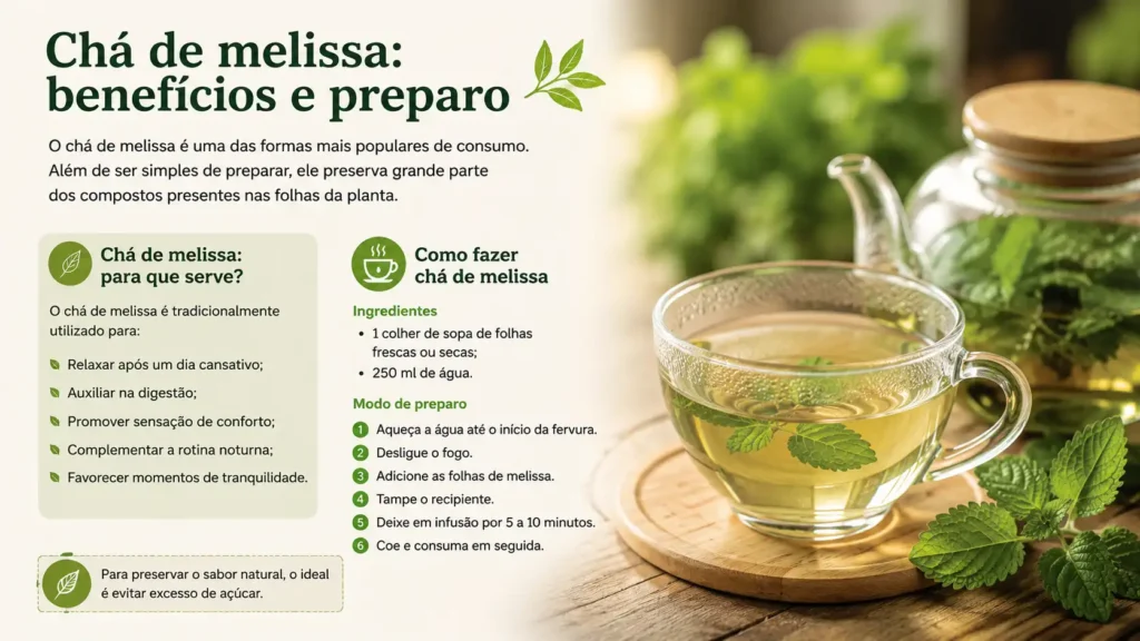 Chá de melissa em xícara de vidro com folhas frescas de erva-cidreira sobre mesa de madeira, ao lado de bule transparente e ingredientes naturais para preparo da infusão.