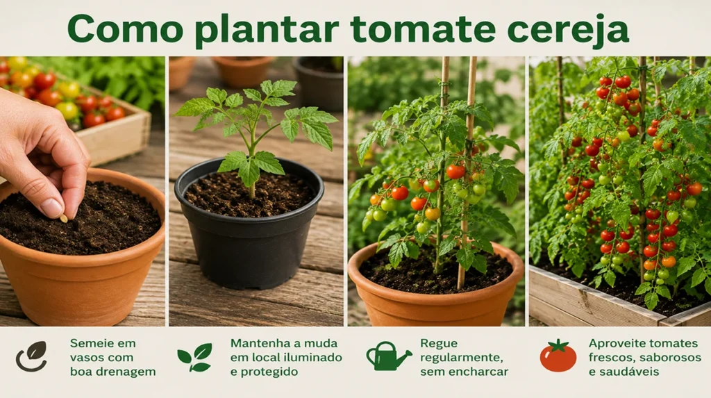 Pessoa cultivando tomate cereja em vasos em uma pequena horta doméstica, com plantas carregadas de frutos vermelhos maduros, ambiente sustentável e bem iluminado, ideal para cultivo em apartamentos e espaços reduzidos.