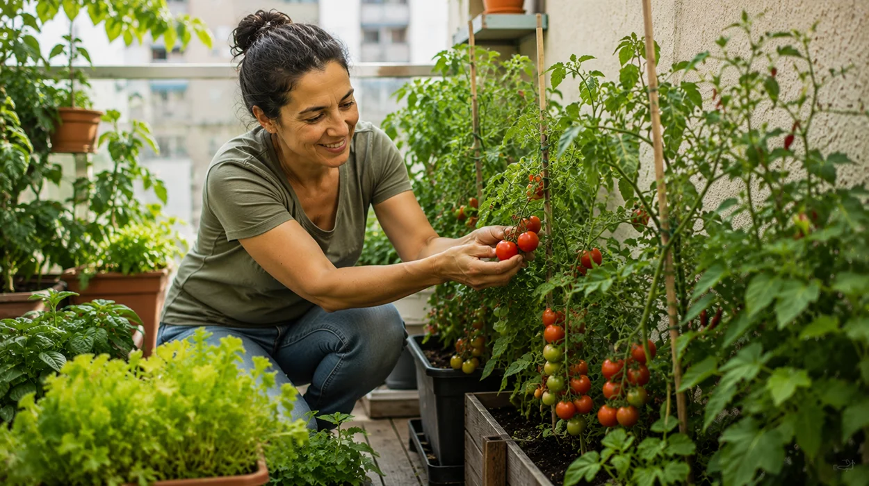 Pessoa colhendo tomates maduros em uma pequena horta doméstica, cultivada em vasos na varanda de apartamento ou quintal compacto, tomateiros carregados de frutos vermelhos e saudáveis, ambiente sustentável, espaço reduzido e bem aproveitado, iluminação natural suave, vegetação verde vibrante, fotografia realista profissional, alta definição, profundidade de campo, estilo editorial Google Discover, proporção 16:9, sem textos na imagem.