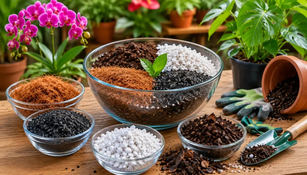 Ingredientes para preparo de substrato caseiro organizados em recipientes transparentes sobre uma mesa de madeira, incluindo fibra de coco, casca de arroz carbonizada, perlita expandida e composto orgânico. Ao fundo, plantas ornamentais saudáveis em ambiente de jardinagem com iluminação natural suave, destacando uma mistura equilibrada para cultivo de diversas espécies.