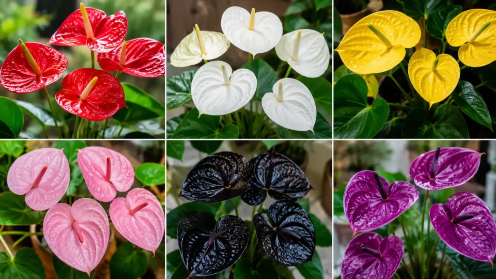 Colagem fotográfica realista exibindo seis variedades de antúrio em cores diferentes: vermelho, branco, amarelo, rosa, preto e roxo. As flores aparecem em close-up, destacando suas brácteas brilhantes em formato de coração e folhas verdes exuberantes. Cada variedade está posicionada em um painel separado, formando uma composição harmoniosa que evidencia a diversidade de cores e a beleza ornamental da planta em ambiente natural iluminado.