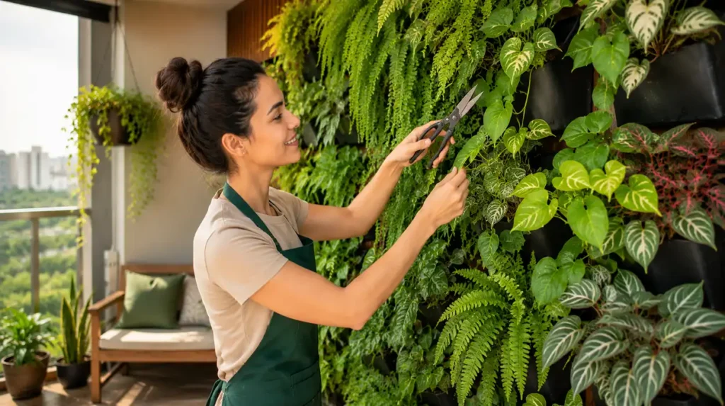 Mulher realizando a poda de um jardim vertical suspenso em varanda de apartamento moderno, utilizando tesoura de jardinagem. A parede verde é composta por samambaias, jiboias e outras plantas ornamentais exuberantes. O ambiente recebe abundante iluminação natural e conta com decoração aconchegante, incluindo banco de madeira e vista urbana ao fundo, destacando os cuidados essenciais para manter o jardim saudável e bonito durante todo o ano.
