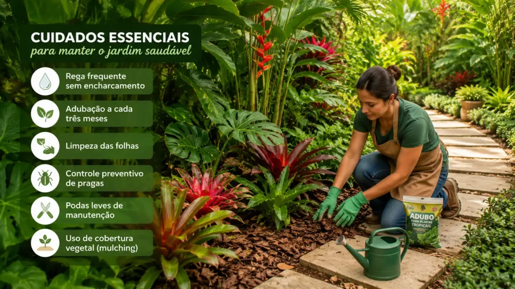 Jardineira realizando a manutenção de um exuberante jardim tropical em uma residência moderna, aplicando cobertura vegetal (mulching) ao redor de bromélias e folhagens ornamentais. O cenário apresenta vegetação densa com costela-de-adão, helicônias e plantas tropicais coloridas, além de caminhos de pedra natural e iluminação suave. A composição transmite os principais cuidados para manter um jardim saudável, como irrigação, adubação, limpeza das folhas, controle de pragas e podas de manutenção. Fotografia realista, ultra detalhada, estilo editorial de paisagismo e arquitetura, formato horizontal 16:9, ideal para Google Discover.