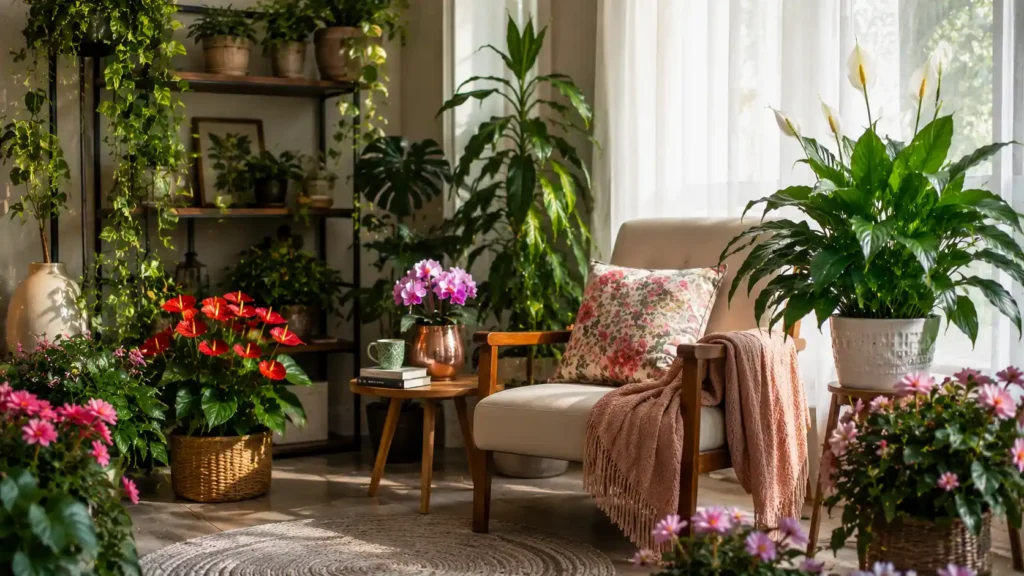 Ambiente interno aconchegante com flores para sombra e plantas ornamentais, incluindo lírio-da-paz, antúrio, begônias e jiboias pendentes, iluminado por luz natural indireta. Espaço decorado com poltrona confortável, móveis de madeira e vegetação abundante, criando uma atmosfera relaxante, elegante e acolhedora.