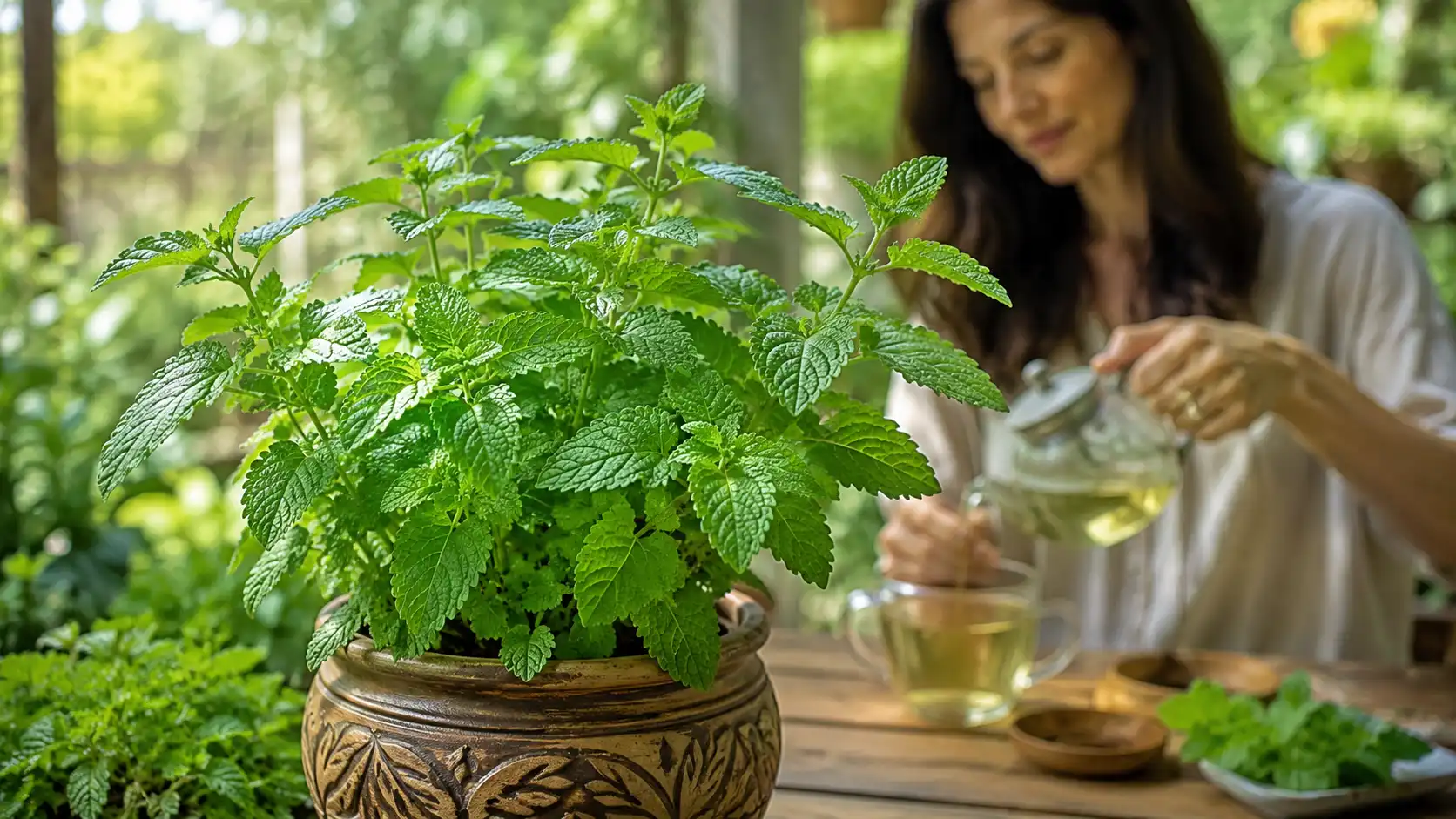 Planta de erva-cidreira cultivada em vaso com folhas verdes e aromáticas.