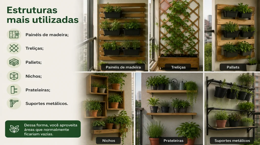 Diferentes estruturas para hortas verticais em varandas e pequenos espaços, incluindo painéis de madeira, treliças, pallets, nichos, prateleiras e suportes metálicos, todos com vasos de temperos e hortaliças saudáveis. A imagem demonstra soluções práticas para aproveitar paredes e áreas verticais em ambientes urbanos de forma sustentável.
