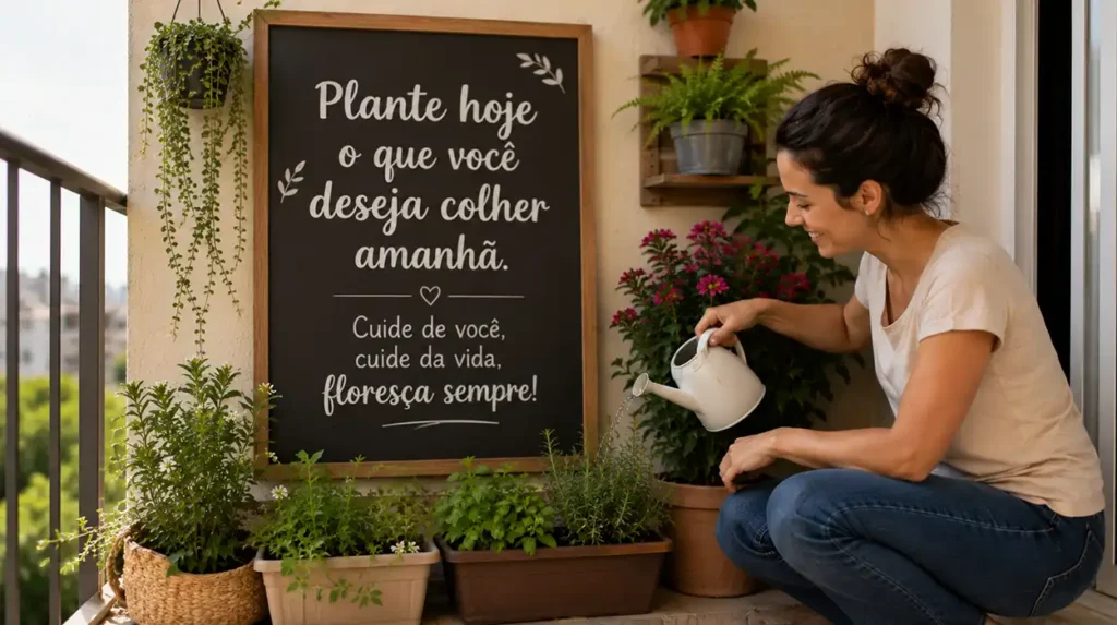 Jardim sustentável em varanda pequena com dona de casa cuidando de plantas nativas em vasos e floreiras