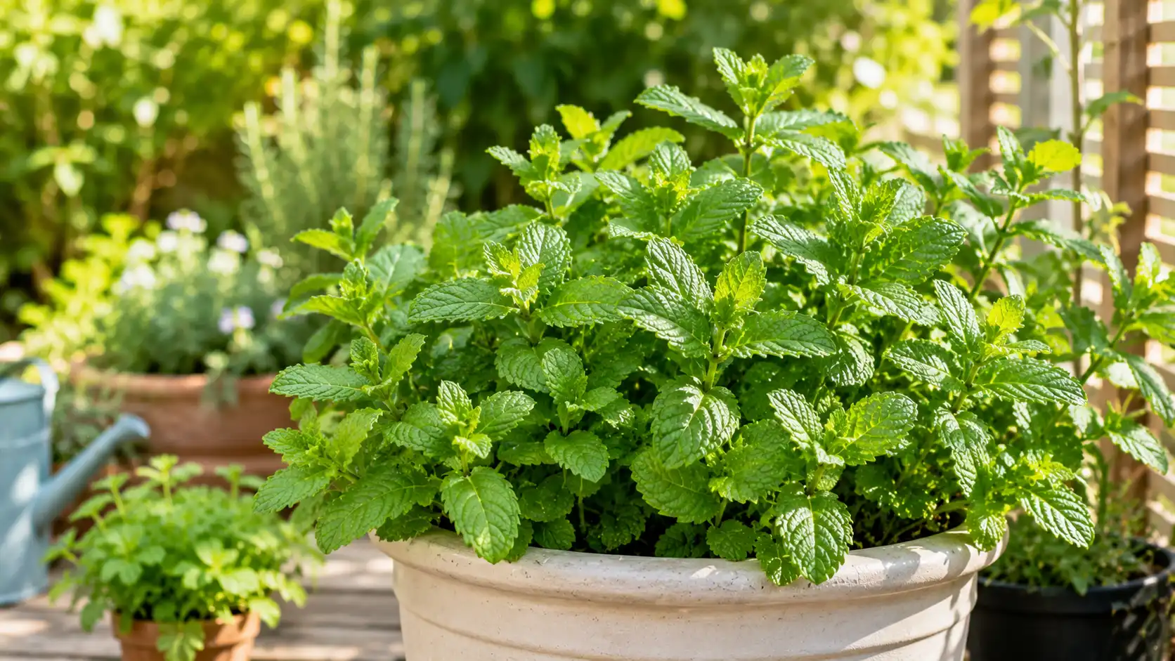 Planta de hortelã cultivada em vaso com folhas verdes saudáveis.