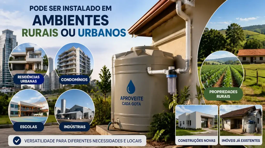 Cena horizontal realista mostrando um sistema de reaproveitamento de água da chuva instalado ao lado de uma residência moderna. No centro da imagem, uma cisterna conectada às calhas do telhado coleta água pluvial. À esquerda, ao fundo, aparece um ambiente urbano com casas, prédios residenciais, condomínio e uma escola, representando aplicações em áreas urbanas. À direita, uma paisagem rural com lavoura, campo verde e uma propriedade agrícola demonstra o uso em áreas rurais. Em primeiro plano, detalhes da tubulação e do sistema de captação reforçam a versatilidade da instalação. Iluminação natural, cores vibrantes, estilo fotográfico profissional, alta nitidez e composição editorial voltada para Google Discover. Sem textos, logotipos ou elementos gráficos sobrepostos.