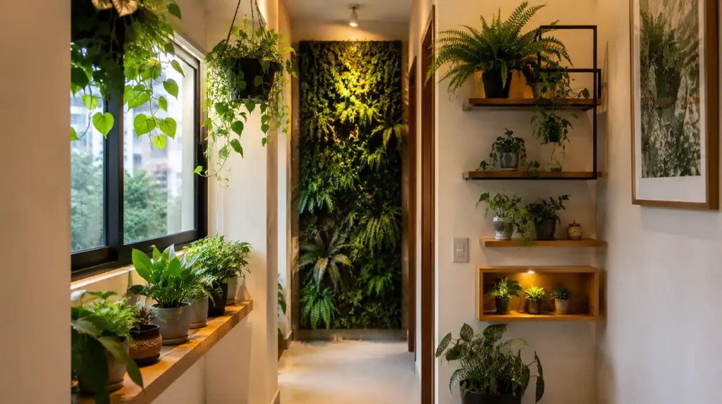 Corredor residencial estreito transformado em um jardim de inverno moderno, com parede verde ao fundo, nichos iluminados, vasos decorativos, plantas suspensas e iluminação natural proveniente de uma ampla janela. O projeto demonstra como pequenos espaços podem ser aproveitados para integrar natureza e decoração dentro de casa.
