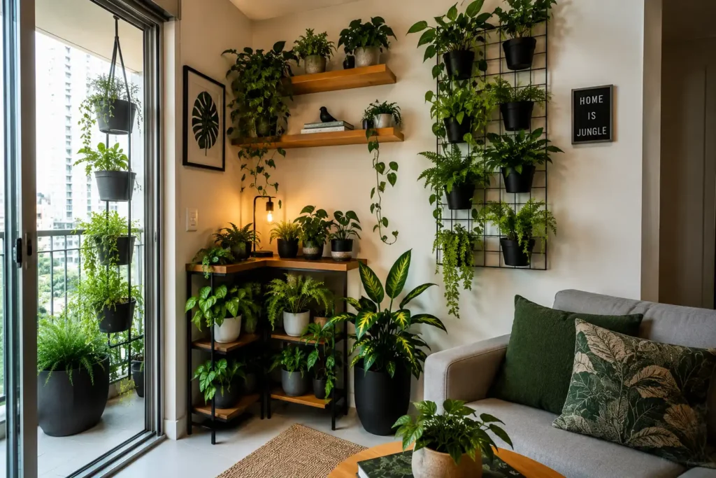 Cantinho verde em apartamento moderno com aproveitamento inteligente de espaço, utilizando prateleiras suspensas, suporte vertical para plantas e vasos compactos. Ambiente aconchegante com diversas espécies ornamentais, iluminação natural abundante próxima à varanda e decoração contemporânea. Solução prática para criar um pequeno jardim interno sem comprometer a circulação, trazendo mais conforto, frescor e contato com a natureza ao ambiente.