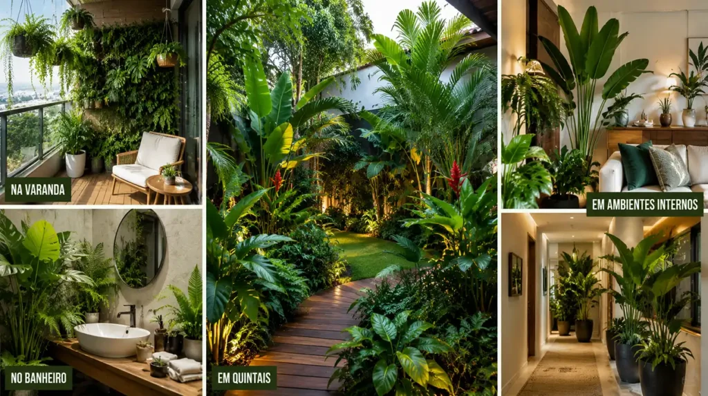 Montagem fotográfica realista mostrando diferentes locais para criar um jardim tropical em casa: varanda com jardim vertical e vasos suspensos, quintal exuberante com palmeiras e folhagens tropicais, banheiro iluminado com plantas que apreciam umidade e ambiente interno decorado com grandes vasos ornamentais. Cenários sofisticados, iluminação natural suave, paisagismo profissional e estilo editorial de revista de arquitetura.