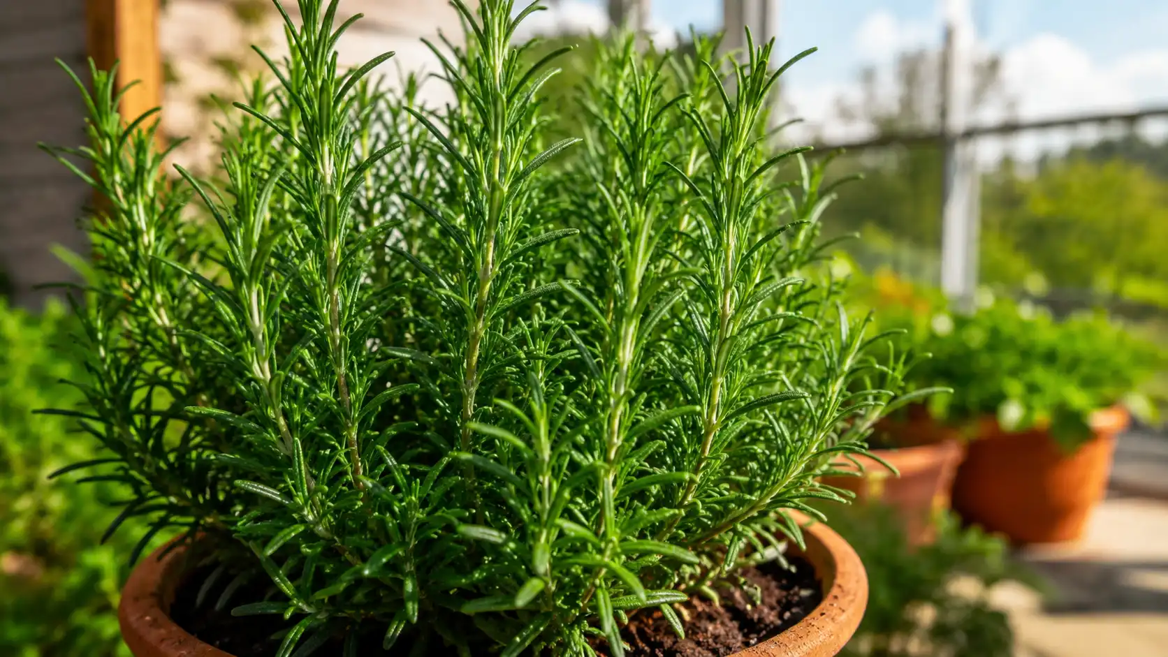 Planta de alecrim fresca cultivada em jardim doméstico iluminado.