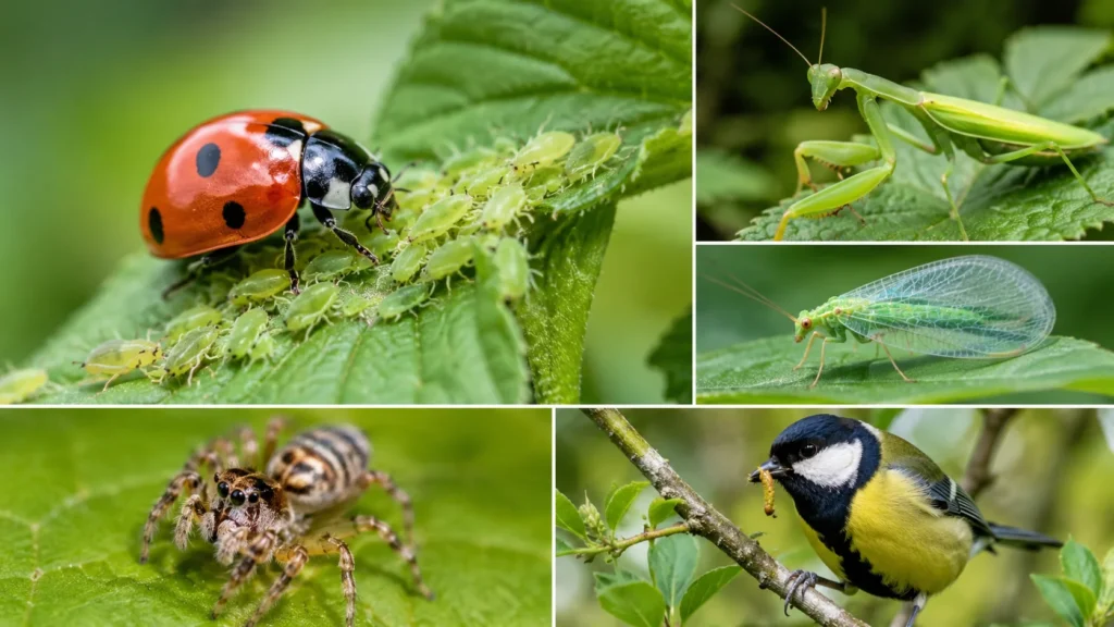 Insetos predadores de pragas naturais de jardim, Louva-a-deus;
Crisopídeos; Aranhas benéficas;
Pássaros insetívoros.