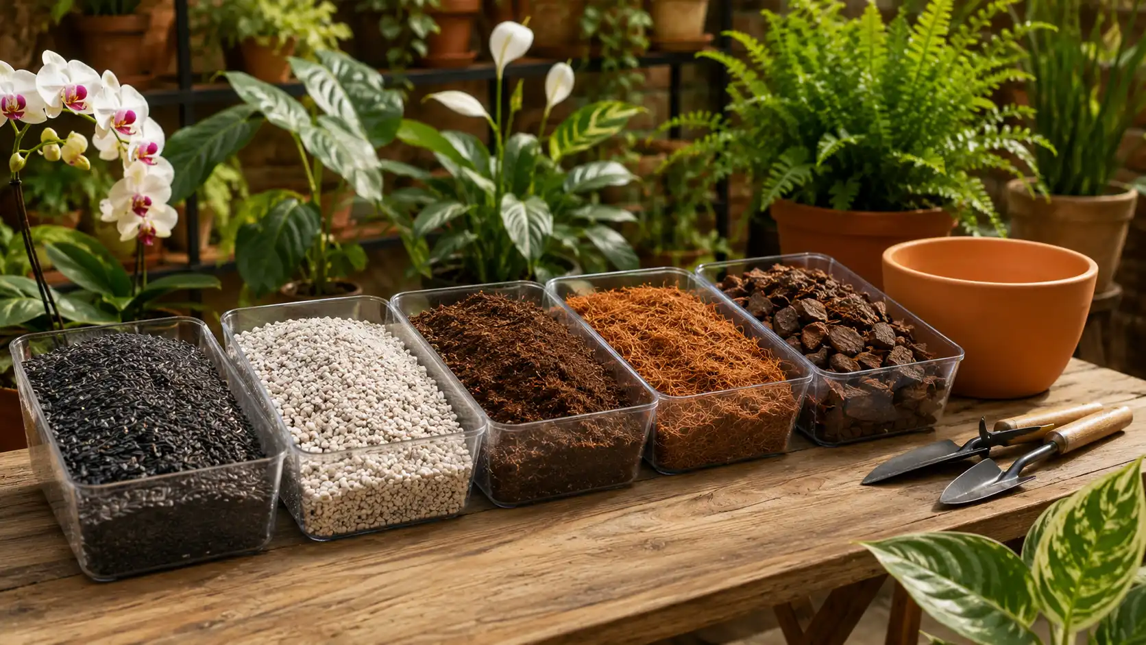Diferentes tipos de substratos utilizados para cultivo de plantas ornamentais.