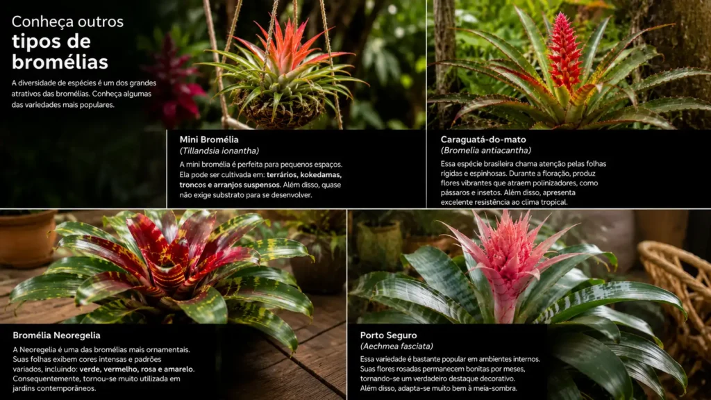 Colagem fotográfica realista apresentando diferentes tipos de bromélias ornamentais. A composição destaca uma mini bromélia (Tillandsia ionantha) suspensa em suporte natural, uma caraguatá-do-mato com folhas espinhosas e inflorescência vermelha vibrante, uma bromélia Neoregelia com folhas coloridas em tons de verde, vermelho e amarelo, e uma bromélia Porto Seguro (Aechmea fasciata) com flor rosada exuberante. As plantas aparecem em ambientes tropicais e decorativos, com iluminação natural suave, destacando suas formas exóticas, cores intensas e valor ornamental.