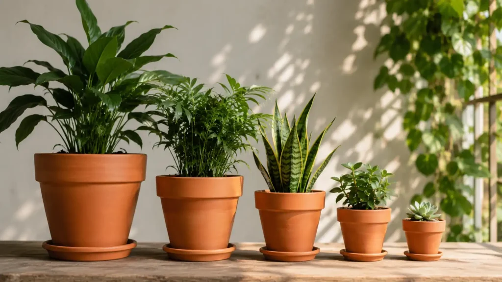Cinco vasos de barro de tamanhos diferentes alinhados sobre uma mesa de madeira, cada um com uma planta ornamental saudável. A imagem destaca a aparência natural dos vasos de terracota em ambiente iluminado por luz natural suave, com decoração aconchegante e fundo desfocado.