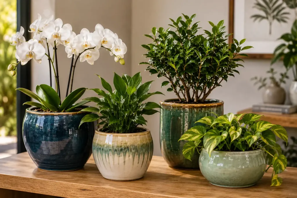 Vasos de cerâmica esmaltada em diferentes formatos e cores acomodando orquídea branca, arbusto ornamental e plantas de interior sobre uma mesa de madeira. O ambiente possui decoração elegante, iluminação natural suave e estilo contemporâneo, destacando o acabamento brilhante e sofisticado dos vasos.