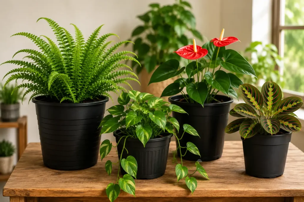 Vasos de plástico pretos contendo diferentes plantas ornamentais, incluindo samambaia, antúrio, jiboia e maranta, organizados sobre uma mesa de madeira em ambiente interno bem iluminado. A cena destaca a variedade de tamanhos dos vasos e a aparência saudável das plantas, com luz natural suave e fundo desfocado.