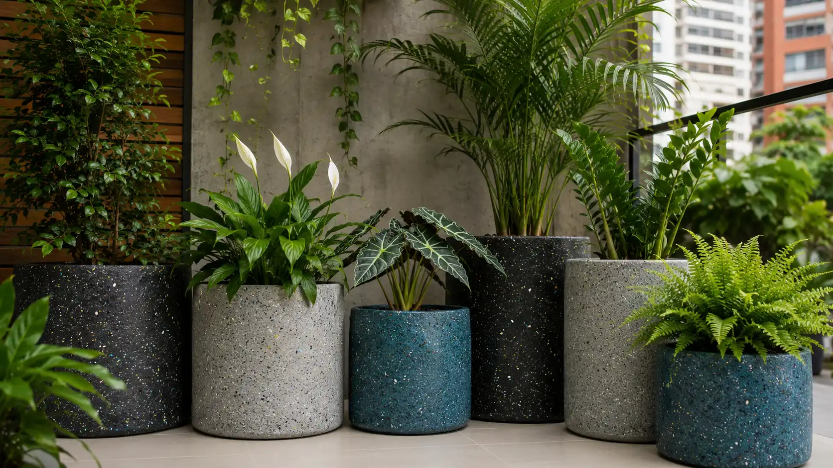 Vasos recicláveis produzidos com plástico reciclado decorando ambiente com plantas.