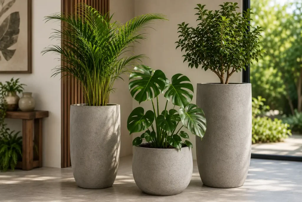Três vasos de cimento em diferentes tamanhos abrigando uma palmeira, uma costela-de-adão e uma árvore ornamental em ambiente interno moderno. A cena apresenta iluminação natural suave, decoração contemporânea e destaca a resistência e estabilidade dos vasos de cimento para plantas de maior porte.