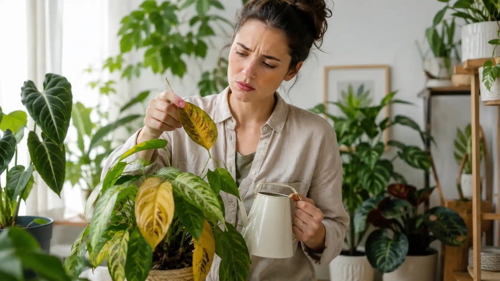 Mulher identificando erros no cuidado com plantas dentro de casa.