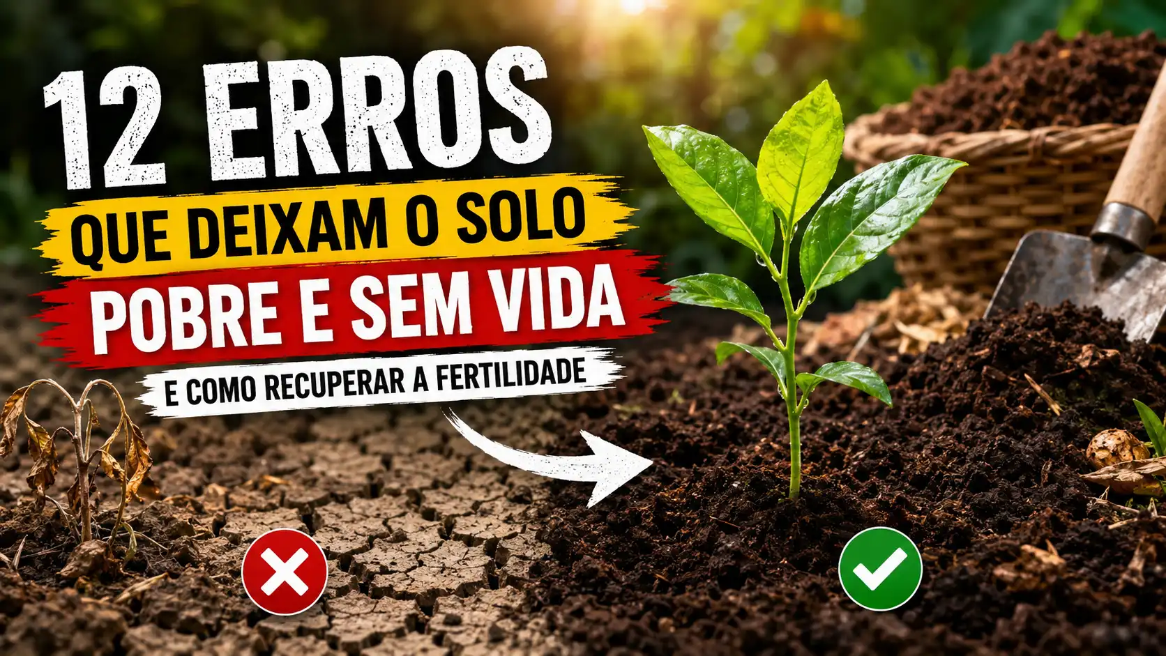 Comparação entre um solo seco e degradado e um solo fértil com uma muda saudável, ilustrando os 12 erros que deixam o solo pobre e sem vida e como recuperar sua fertilidade.