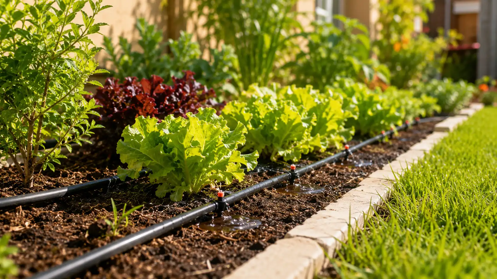 Sistema de irrigação por gotejamento fornecendo água diretamente às raízes de plantas em um jardim residencial sustentável.