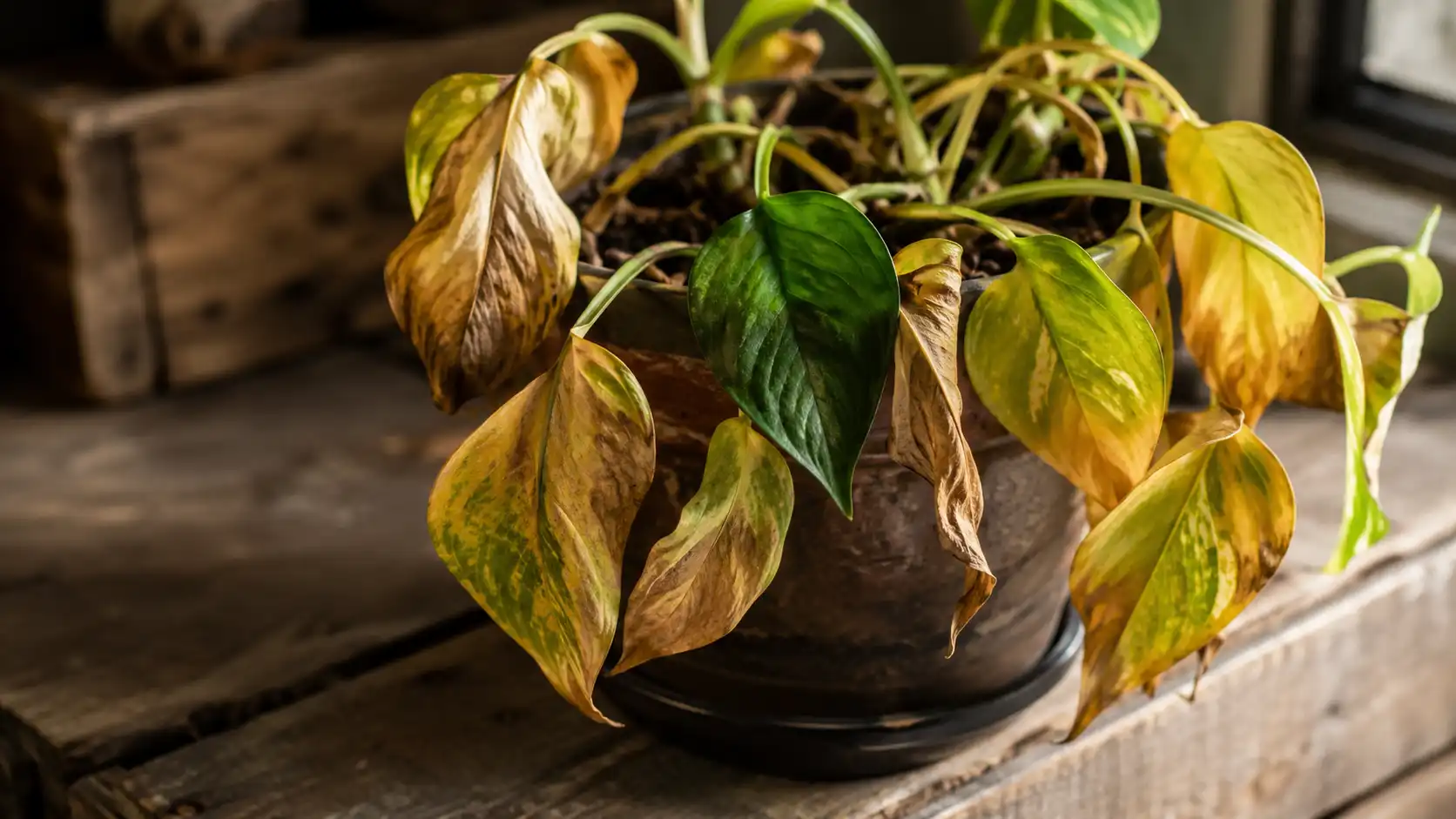 Planta em vaso com folhas amareladas e murchas, indicando erros comuns no cultivo doméstico