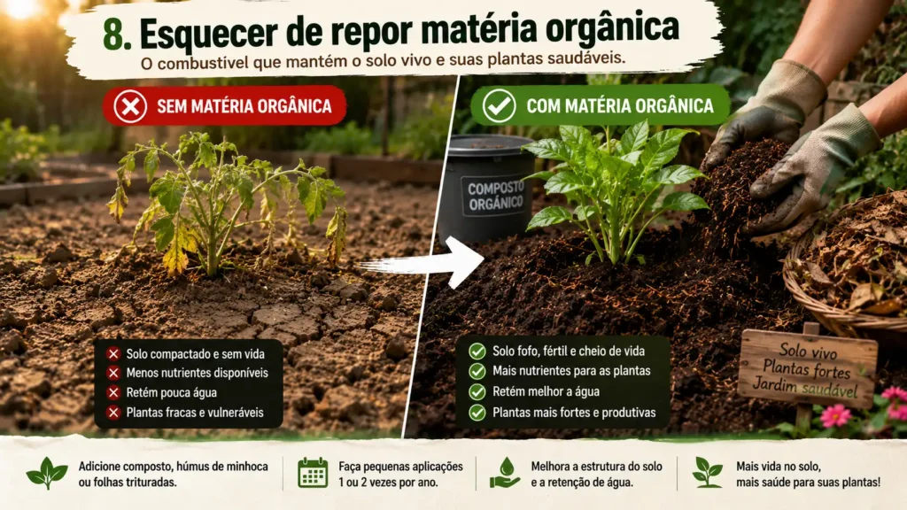 Comparação entre um solo sem matéria orgânica e um solo enriquecido com composto orgânico, mostrando como a reposição de matéria orgânica melhora a fertilidade, a retenção de água e o desenvolvimento saudável das plantas.