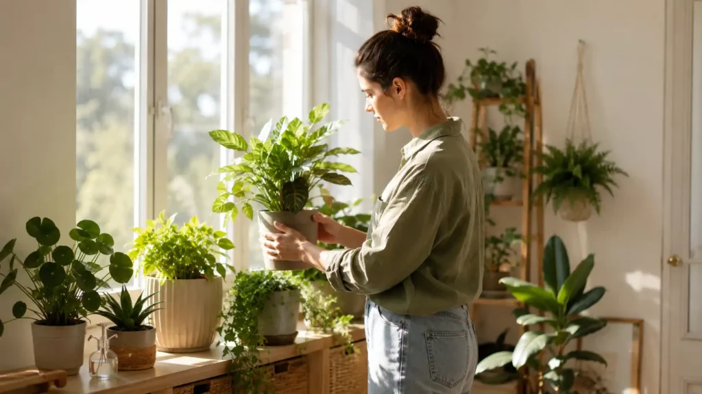 Mulher posicionando uma planta próxima à janela para garantir a iluminação ideal em um ambiente interno com luz natural indireta.