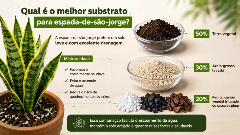 Substrato ideal para espada-de-são-jorge com terra vegetal, areia grossa e perlita para garantir boa drenagem e raízes saudáveis.